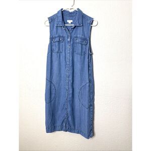 J Jill Size M Denim Dress Sleeveless Pockets Snaps Collared Jean Linen Chambray